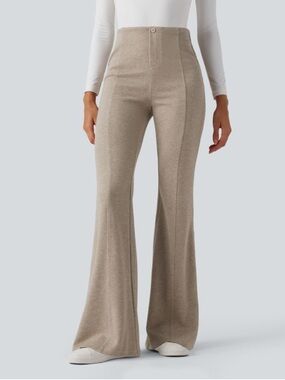 HALARA Beige Ribbed High-Waist Flare Pants